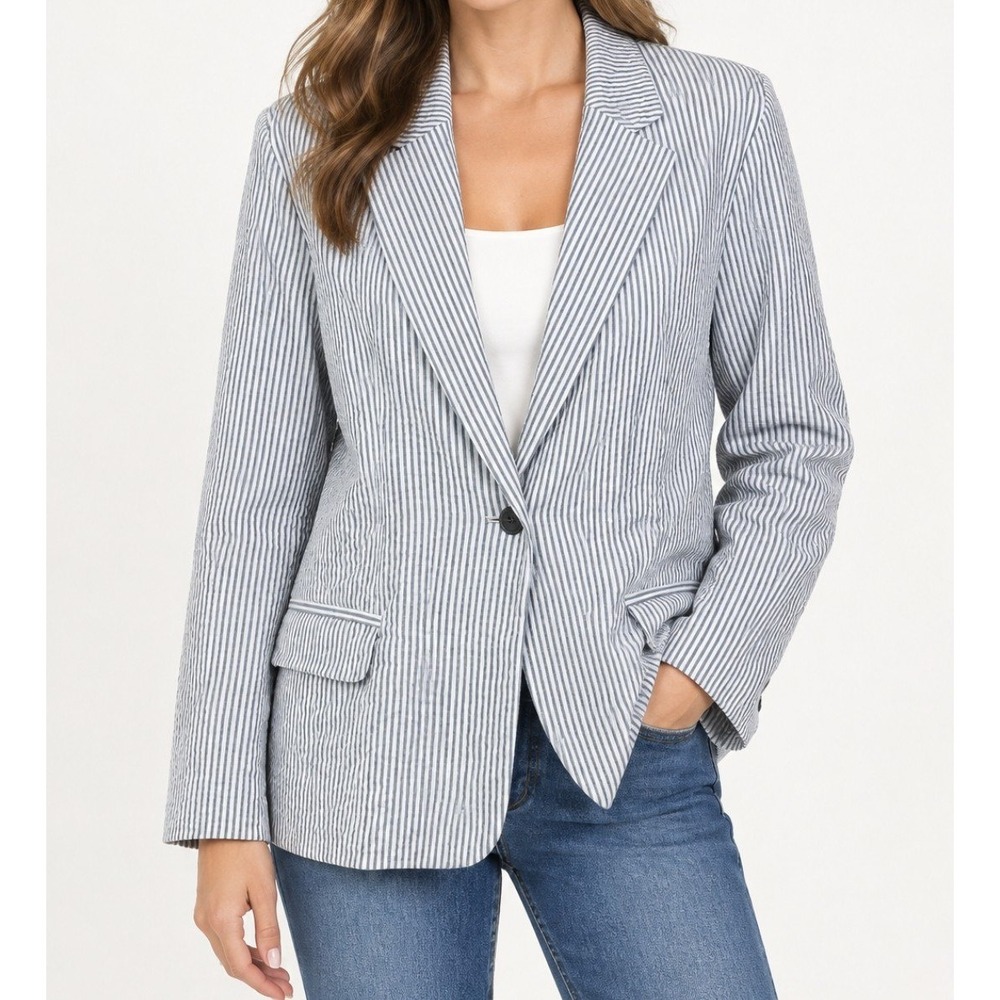 J. Jill Seersucker Blazer Women L Blue White Striped Cotton Spandex Nautical